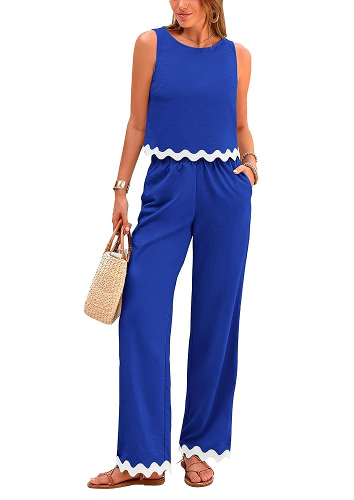 PRETTYGARDEN Women's 2 Piece Outfits Smmer Casual Sleeveless Tank Crop Top Pants Sets Tracksuit | Amazon (US)