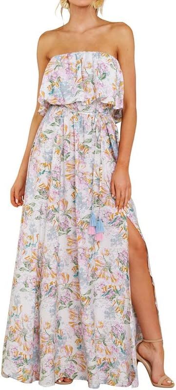 Dokotoo Womens Strapless Dresses Casual Summer High Waist Side Split Flowy Boho Maxi Dress | Amazon (US)