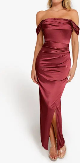 Liquid Metallic Fabric Shapewear Off Shoulder Shine Ruched Sculpting Maxi Dress | Nordstrom