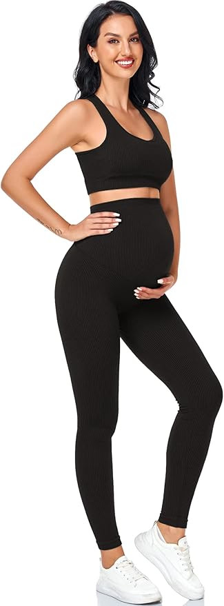Maternity for Women 2Piece ，Seamless Ribbed Built in Maternity Bra High Waist Elasticity Pregna... | Amazon (US)
