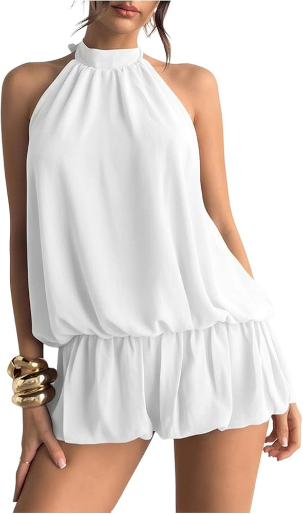 Amazon.com: Floerns Women's Y2k Summer Halter Dress Tie Open Back Sleeveless Ruffle Hem Bubble Go... | Amazon (US)