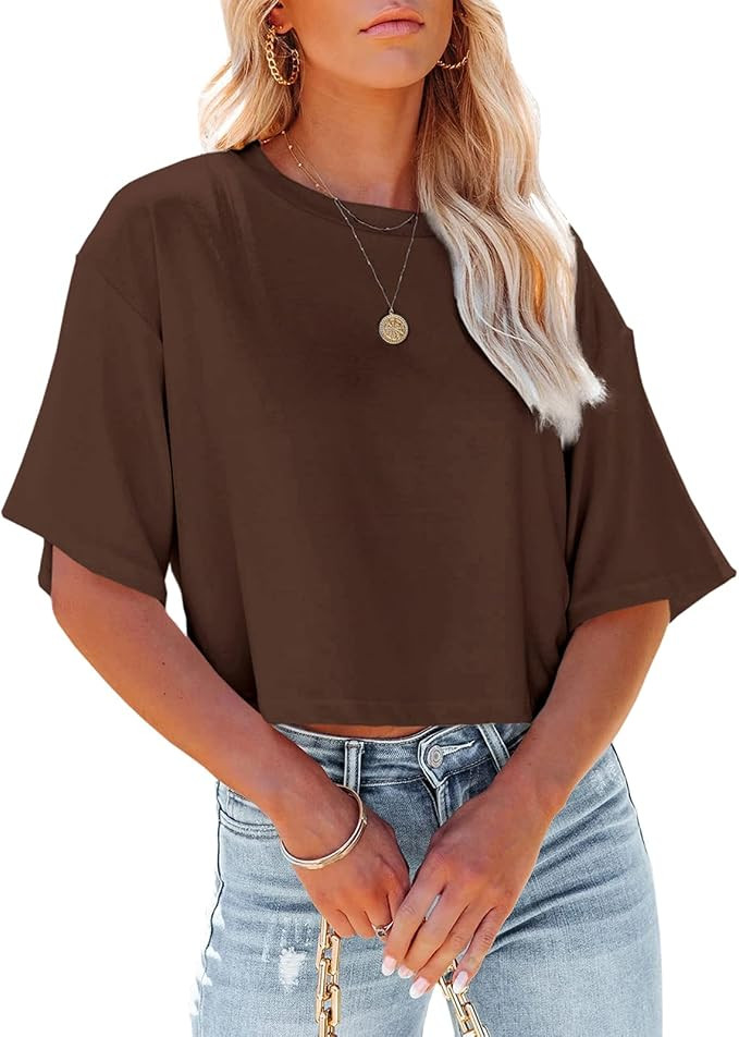 Tankaneo Women Half Sleeve Cropped T Shirt Drop Shoulder Round Neck Crop Tops Casual Summer Solid... | Amazon (US)