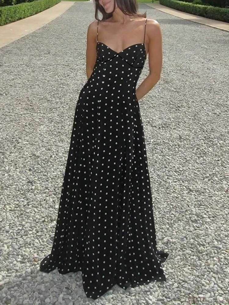 Women's Polka Dot Print Backless V-Neck Sleeveless Dress Black Summer Party Elegant | SHEIN