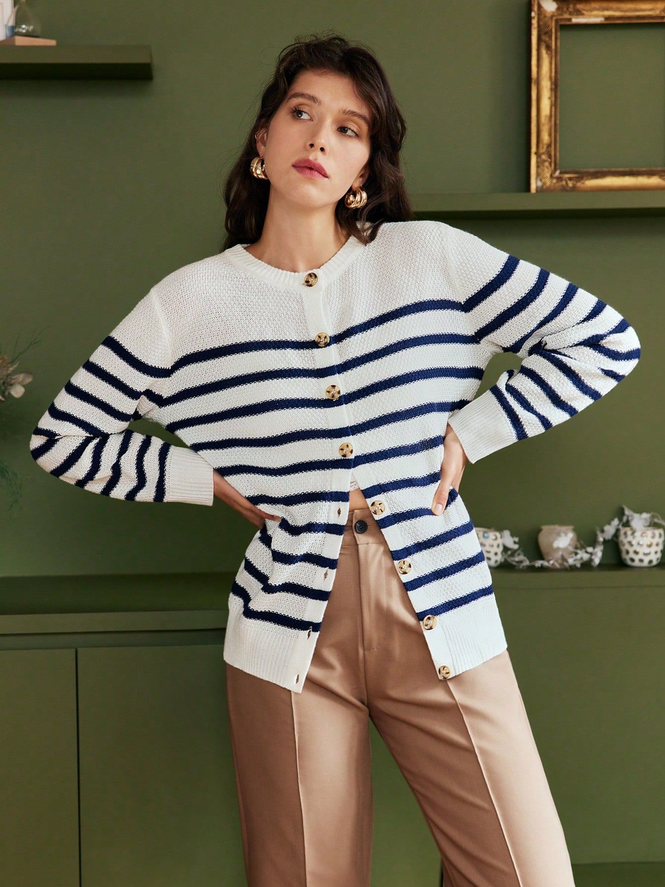 SHEIN Frenchy Striped Pattern Button Front Cardigan | SHEIN
