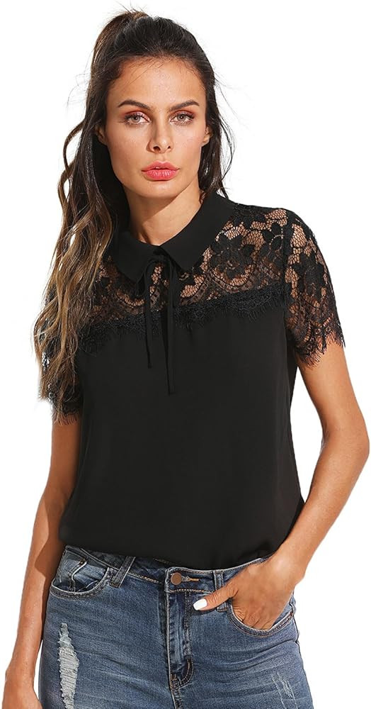 Floerns Women's Peter Pan Collar Lace Neck Short Sleeve Blouse Top | Amazon (US)