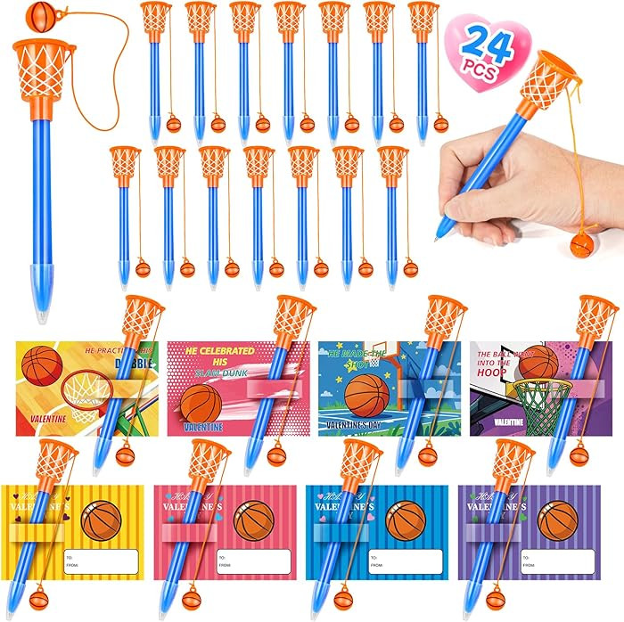 24 Pcs Valentine’s Day Basketball Hoop Pens Bulk with Greeting Cards Basketball Themed Party Fa... | Amazon (US)