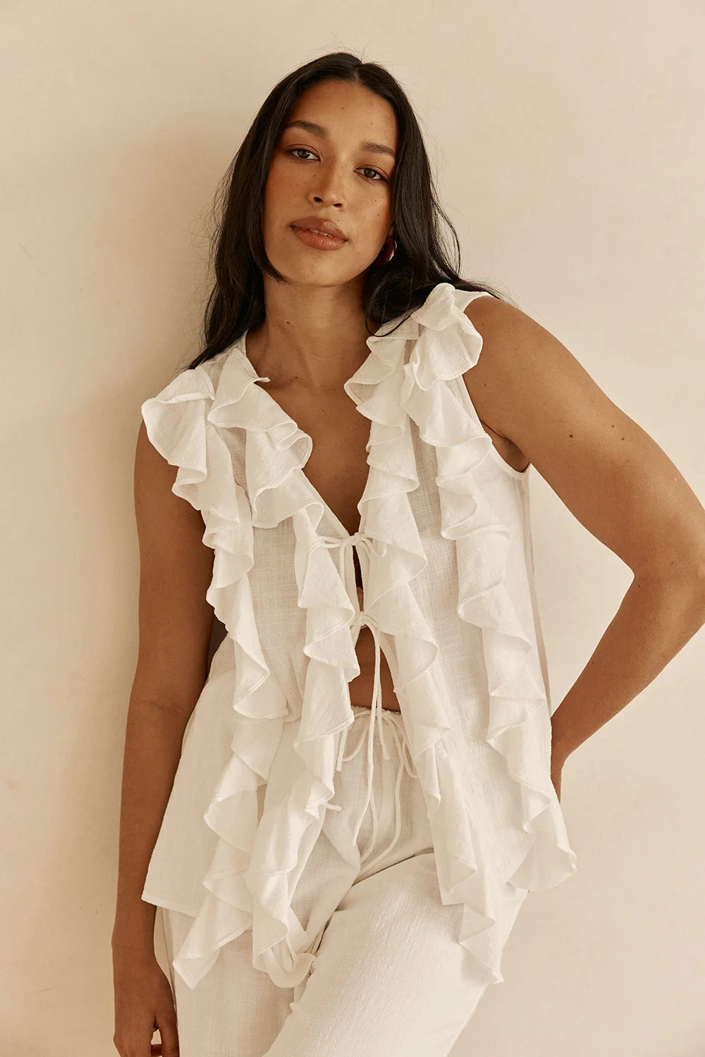 White Ruffle Tie Elm Top | Sabo Skirt US