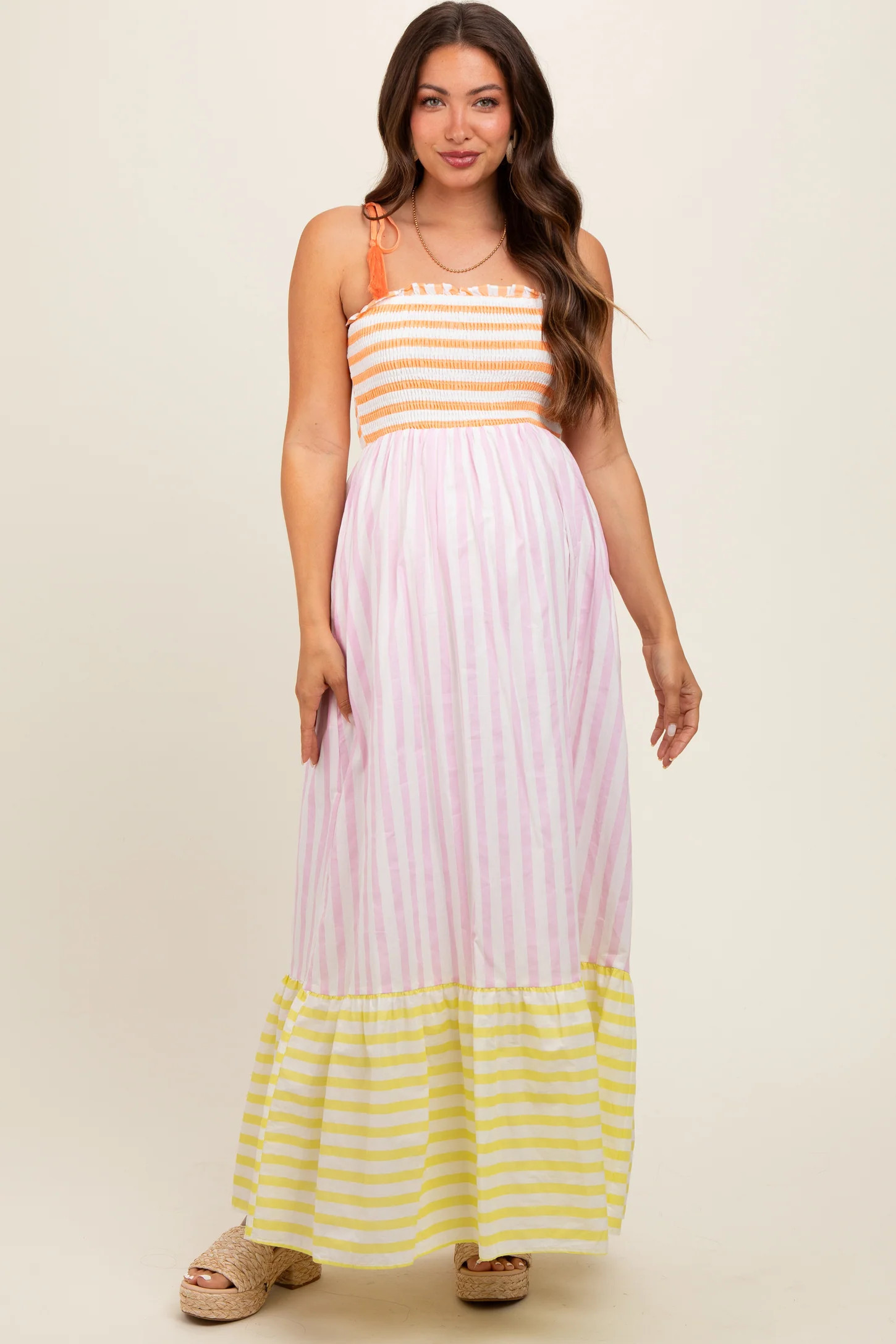 Multi-Color Striped Color Block Shoulder Tie Maternity Maxi Dress | PinkBlush Maternity