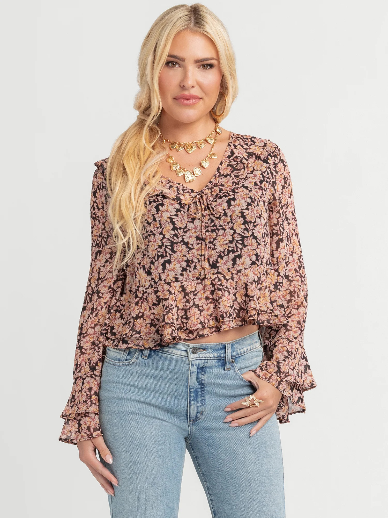 Jessica Simpson Women's Stayce Cropped Ruffle Top with Long Sleeves, Sizes XS-XL - Walmart.com | Walmart (US)