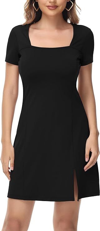 Women's Sexy Square Neck Bodice Dress Short Sleeve Stretch Side Slit Flare Mini Casual A Line Dre... | Amazon (US)