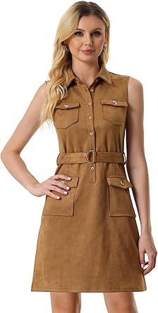 Allegra K Faux Suede Dress for Women's Turn Down Collar Sleeveless Belted Pinafore Overall Dress | Amazon (US)