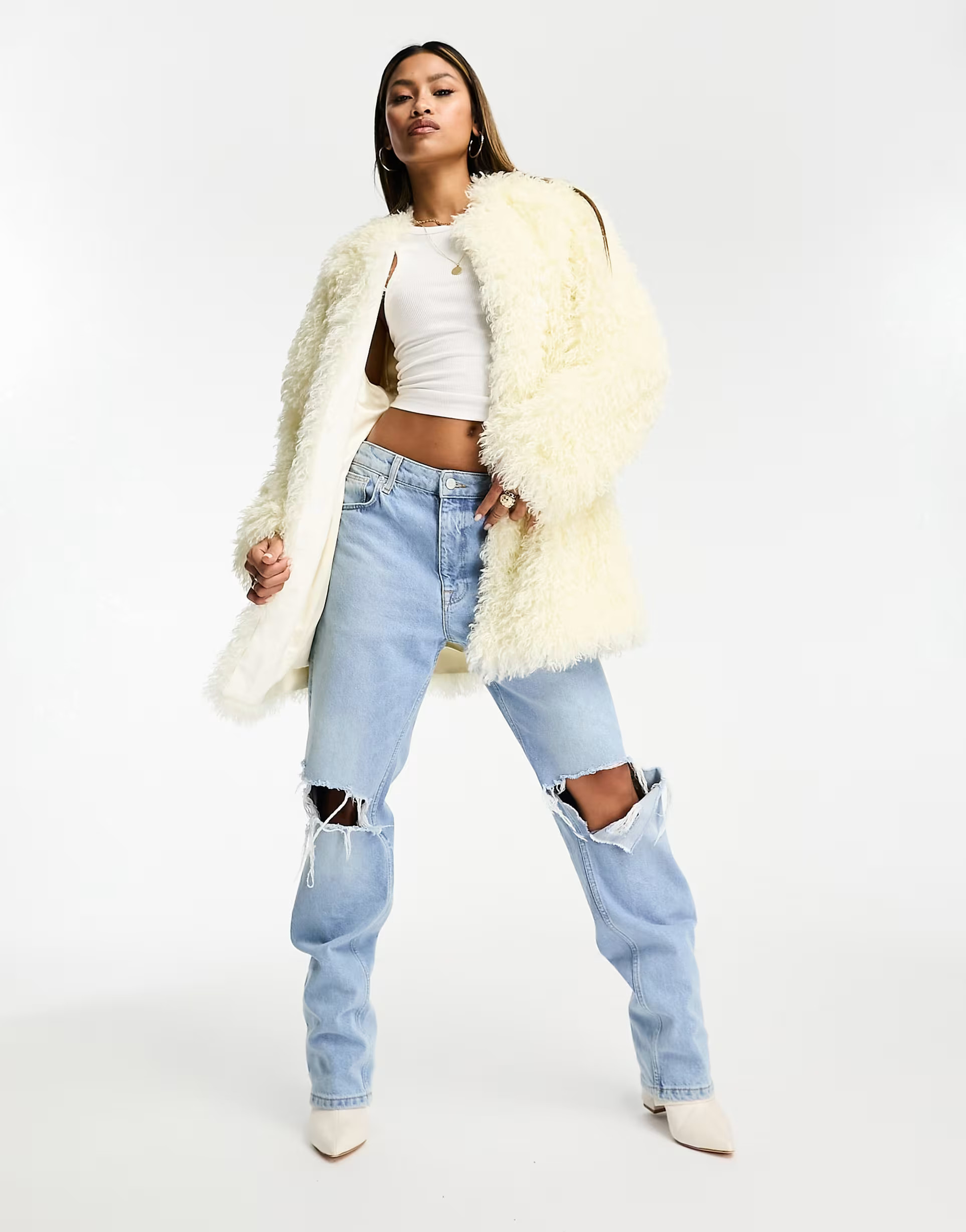 Jayley faux fur shaggy mid coat in cream | ASOS (Global)