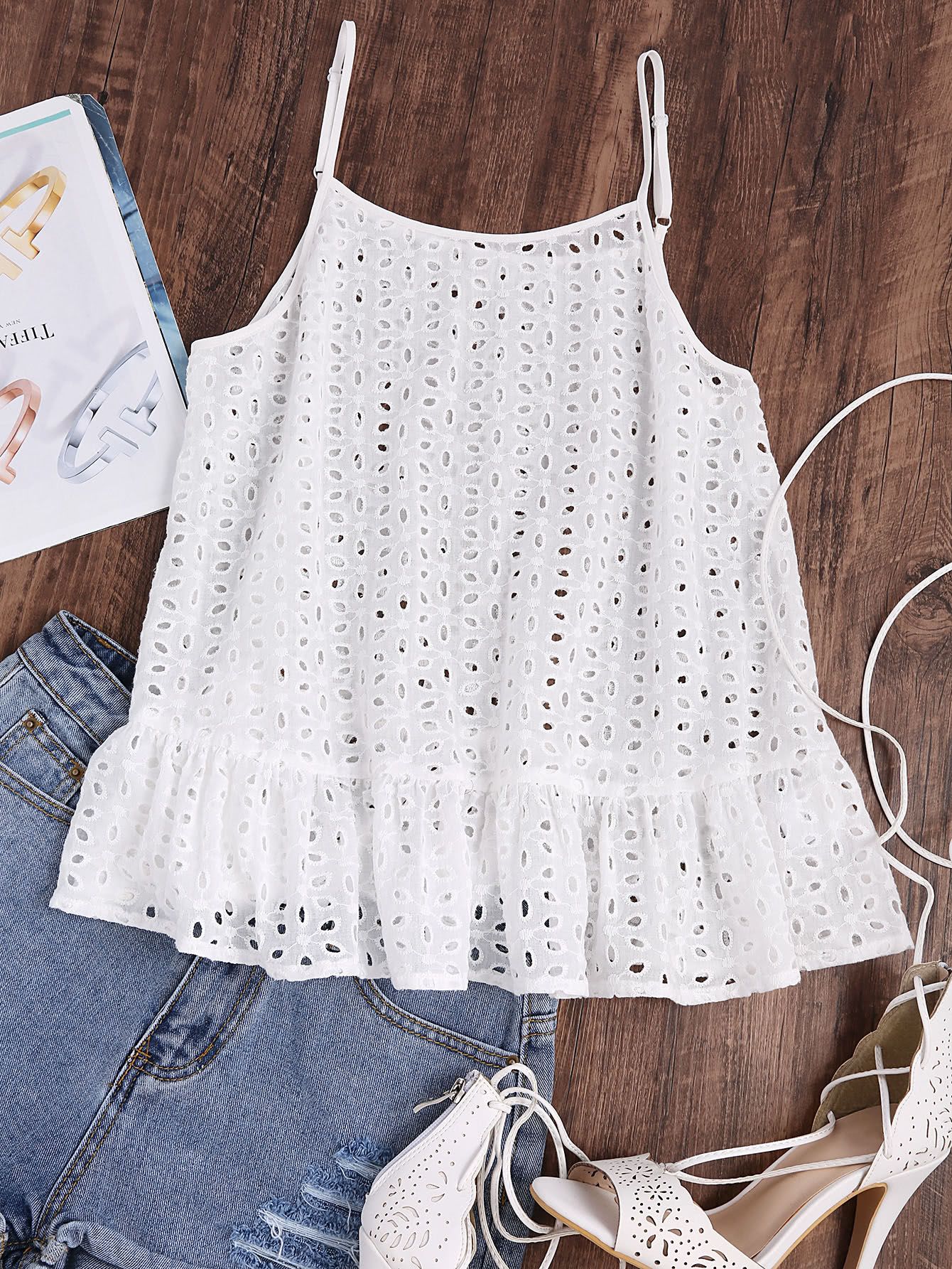 Ruffle Hem Eyelet Embroidered Cami Top | SHEIN