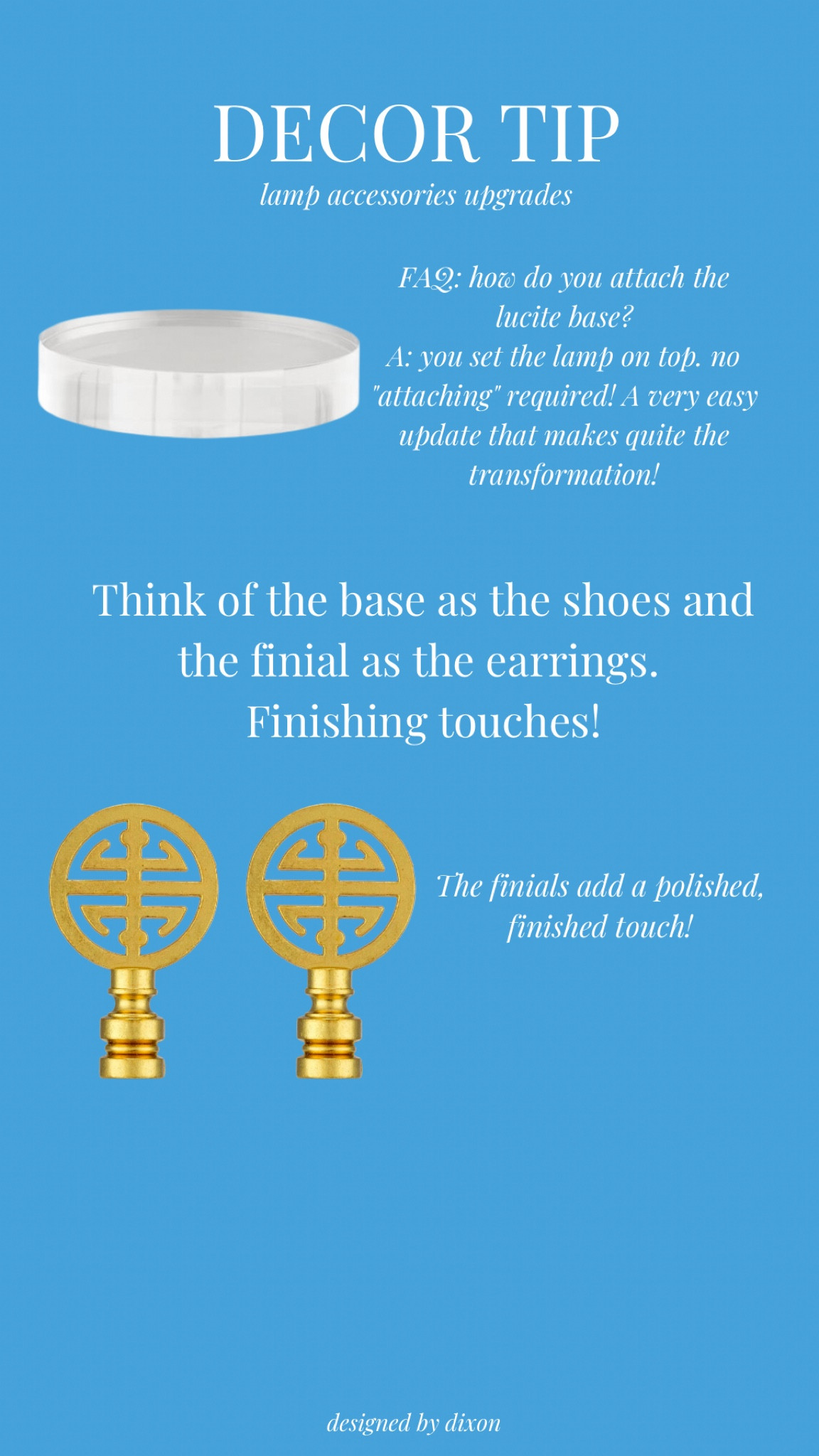 I love adding the lucite based to update a lamp! Get them at @lampsplus or @ballarddesigns. Linking them here with some favorite finials too!