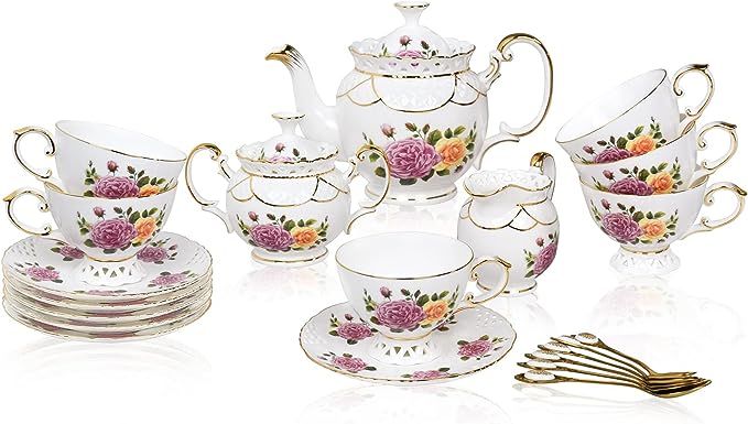 ACMLIFE Porcelain Tea Set,21-Piece Hollowed-Out English Bone China Tea Service Set for Adults,Aft... | Amazon (US)