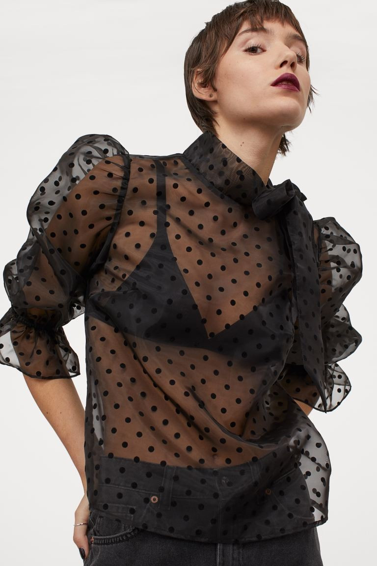 Straight-cut blouse in airy organza with a dotted flock print. Stand-up collar with long, wide ti... | H&M (US + CA)