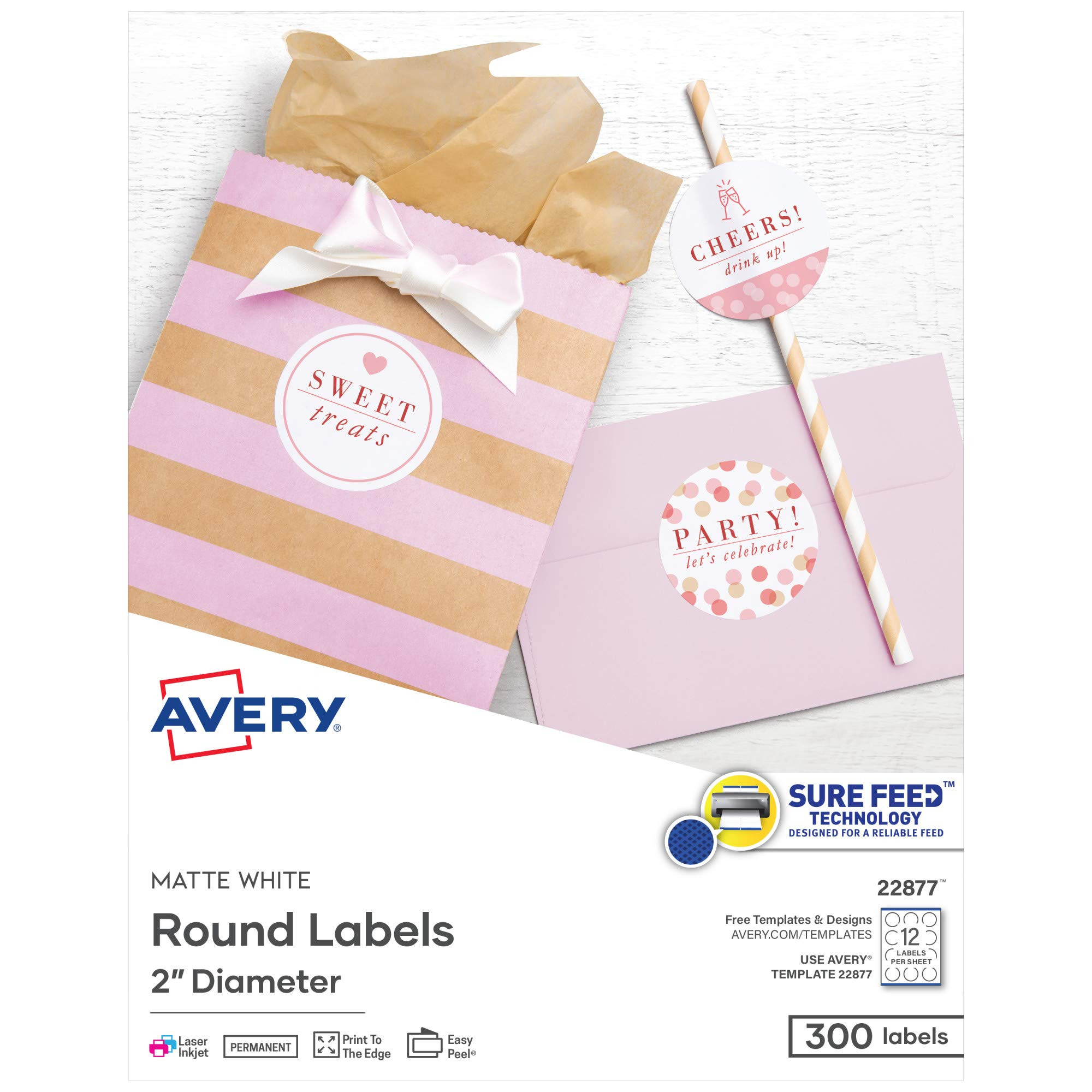 Avery Printable Round Labels with Sure Feed, 2" Diameter, Matte White, 300 Customizable Labels (2... | Amazon (US)