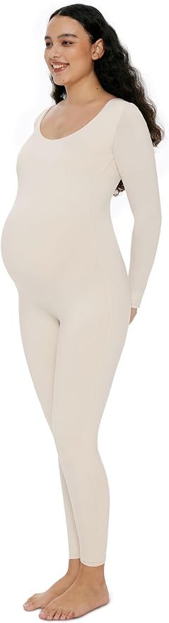 POSHDIVAH Women's Maternity Bodysuit Scoop Neck Long Sleeve Stretchy Jumpsuit Pregnancy Shapewear... | Amazon (US)