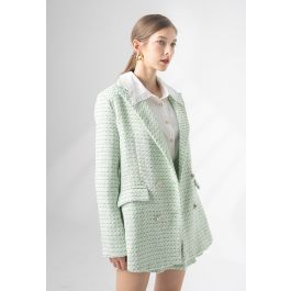 Green Pocket Double-Breasted Tweed Blazer | Chicwish