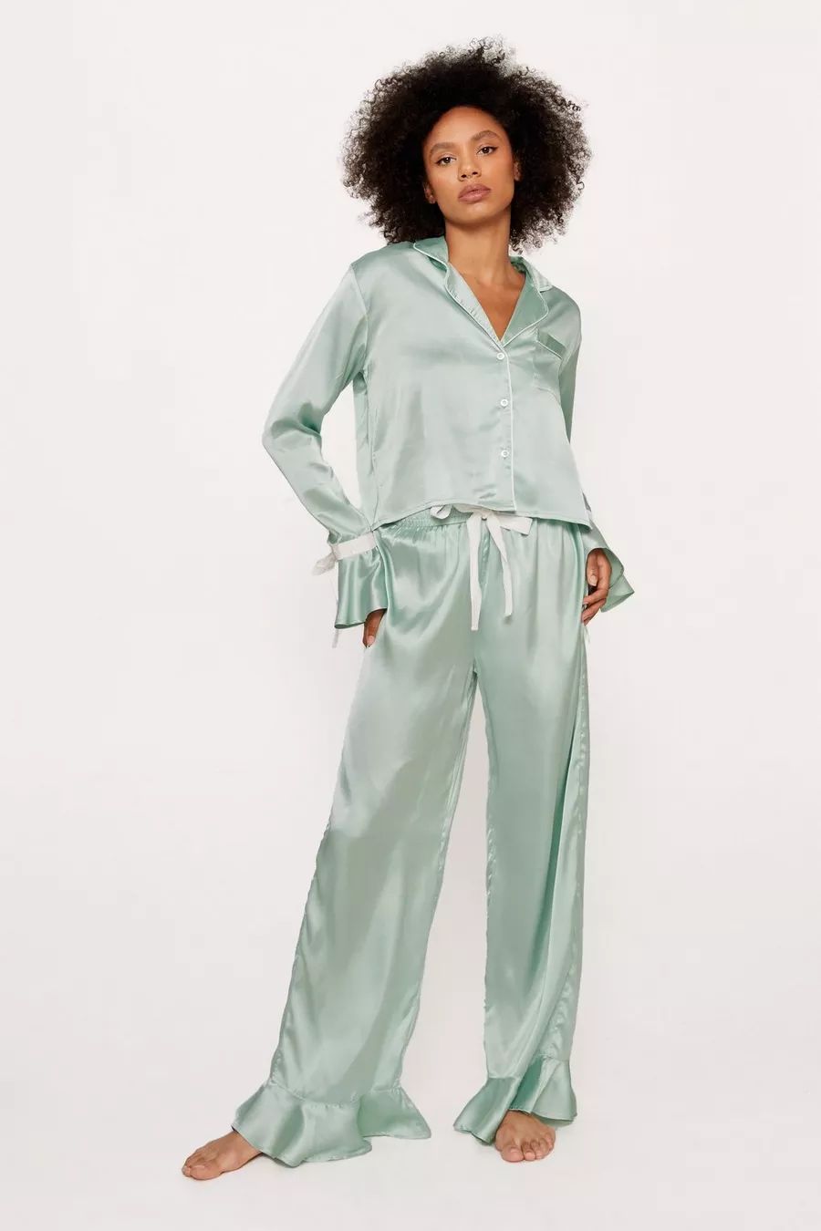 Satin Contrast Velvet Tie Cuff Pajama Shirt and Pants Set | Nasty Gal US