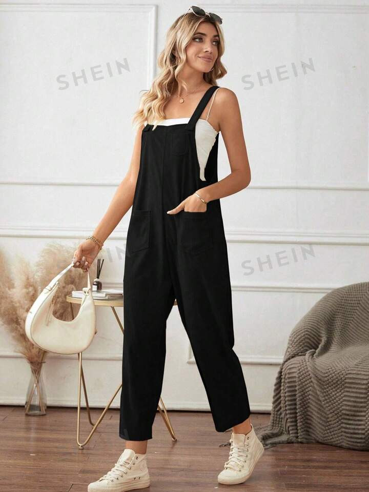 SHEIN Essnce Solid Pocket Patched Overall Jumpsuit Without Cami Top | SHEIN USA | SHEIN
