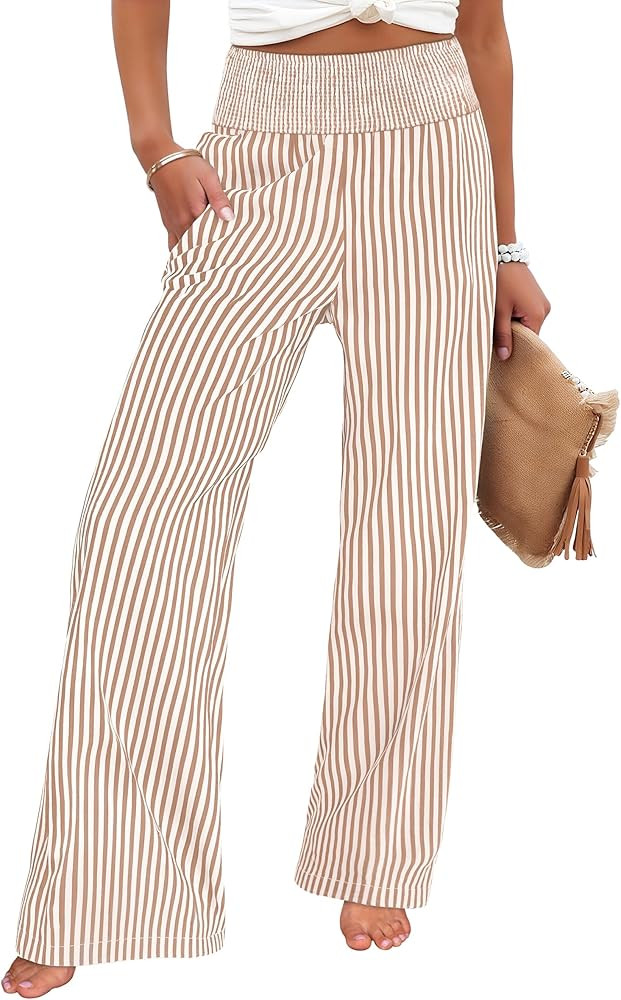 ANRABESS Womens Striped Gingham Palazzo Pants Wide Leg High Waisted Lounge Pajama Pants Cute Casu... | Amazon (US)