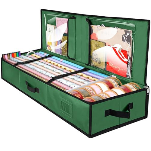 BALEINE Wrapping Paper Storage Organizer, 40" Durable 600D Oxford Fabric Gift Wrap Storage Bag with Flexible Partitions for Ribbon, Holiday Accessories (Green) | Amazon (US)