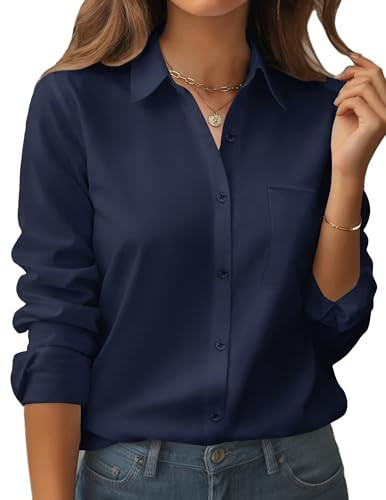 Zeagoo Women Fashion Button Down Blouses Bust Pocket Shirts Long Sleeve Summer Tops Solid Work Casual Wear 2025 Z-Blue | Amazon (US)