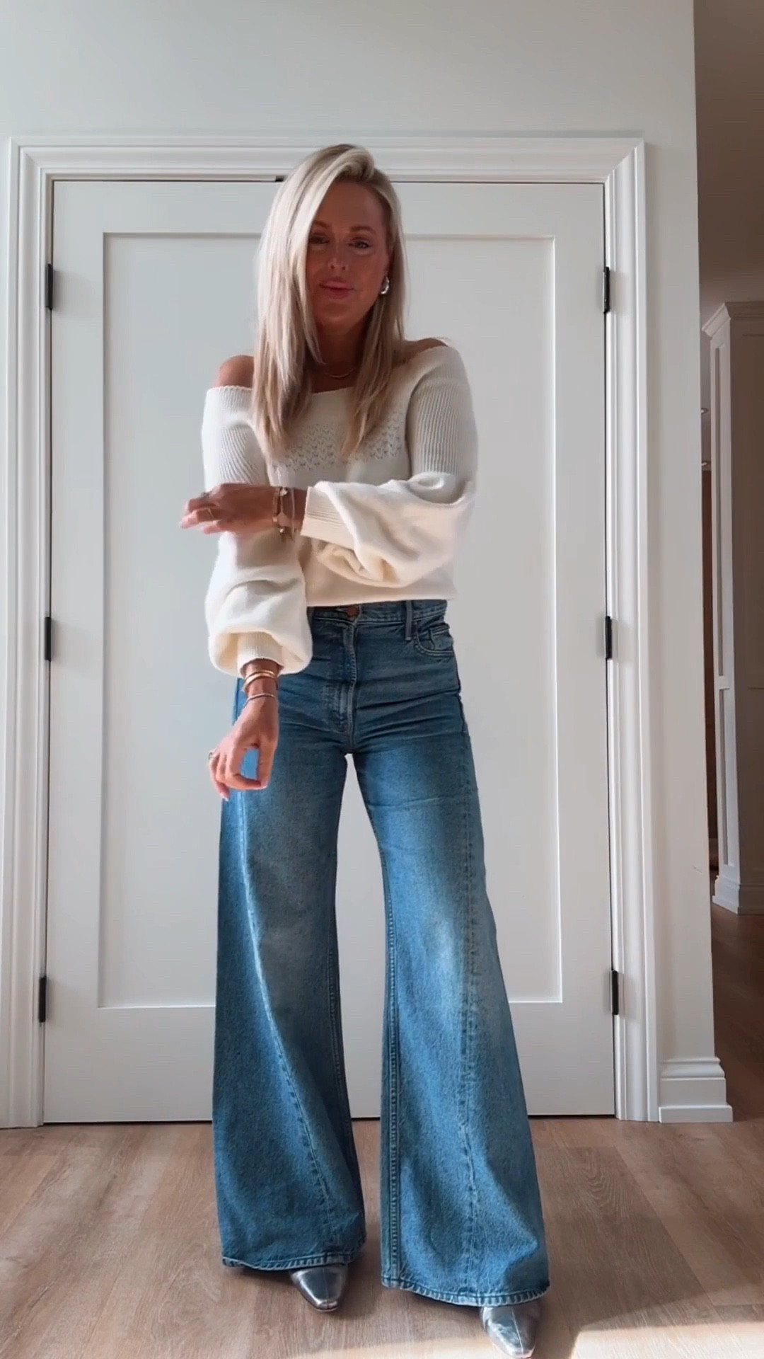 Date night🤍! Sweater also comes in pink! It’s adorable on and these are my best selling jeans! New wash also out now! 

Jeans. Sweater. Date night. 2026. 

#LTKSeasonal #LTKootd