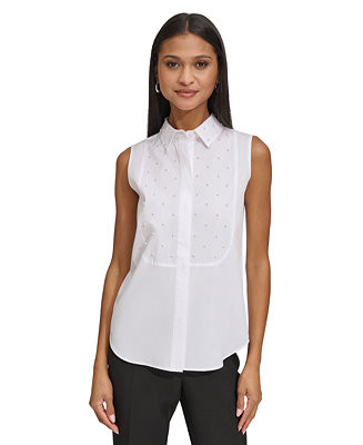 KARL LAGERFELD PARIS Women's Embellished Bib Shirt - Macy's | Macy's