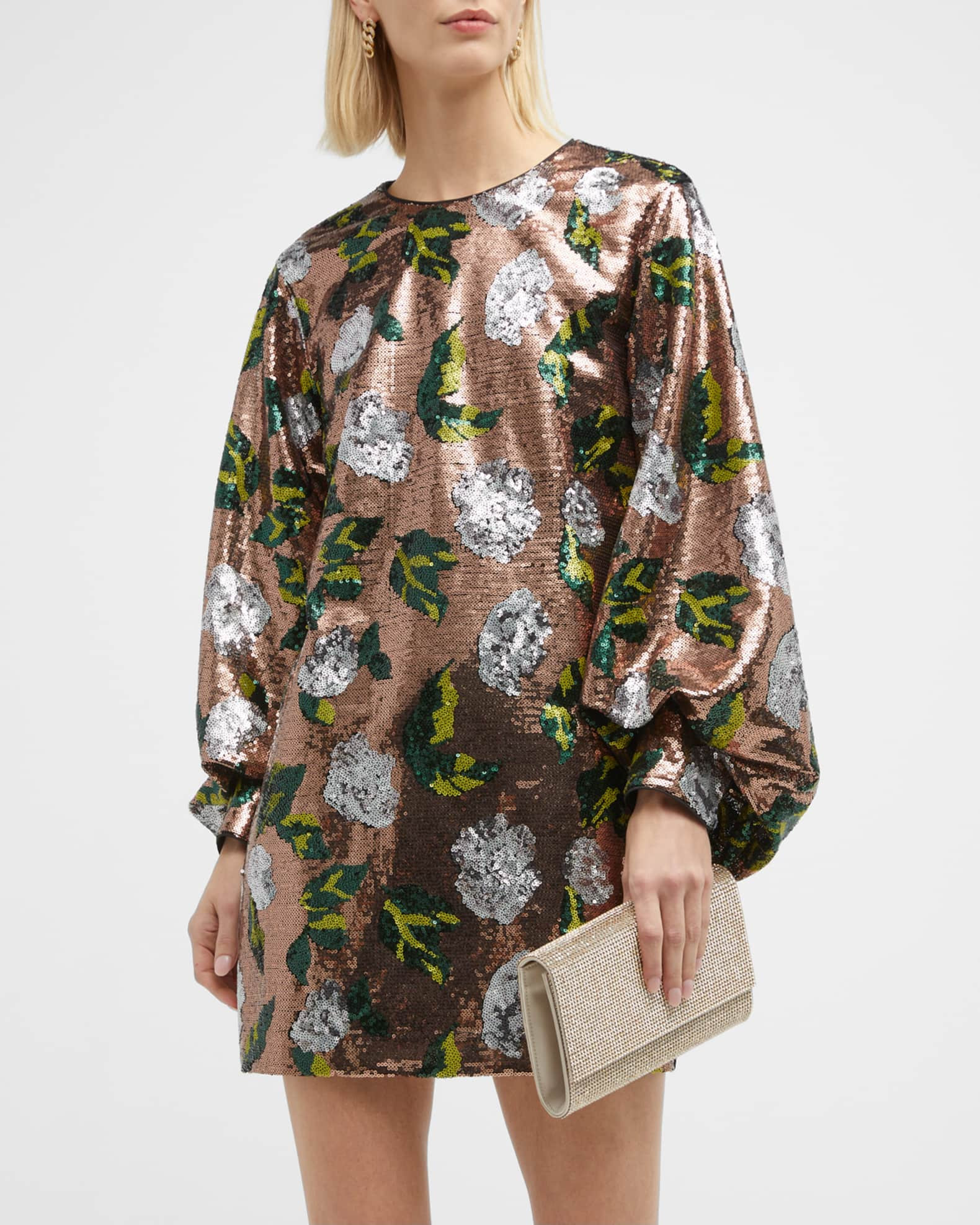 One33 Social Floral Sequin Balloon-Sleeve Mini Dress | Neiman Marcus
