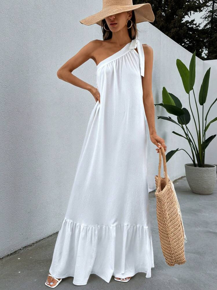 SHEIN One Shoulder Tie Knot Peplum Maxi Dress | SHEIN