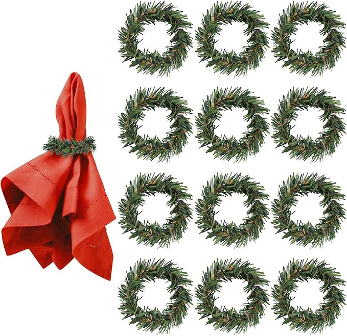 Amaxiu Christmas Napkin Rings, Set of 12 Pine Needles Napkin Holder with Red Berry Xmas Rattan Se... | Amazon (US)