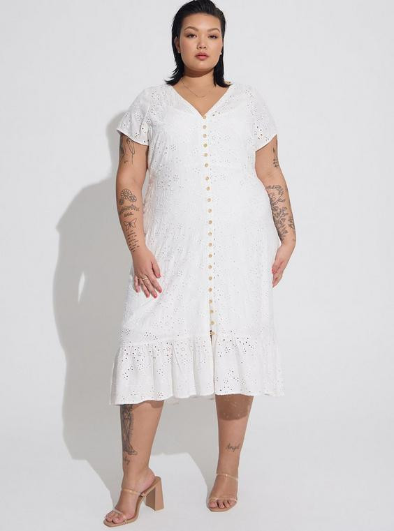 Midi Eyelet Hi Low Button Front Shirt Dress | Torrid (US & Canada)
