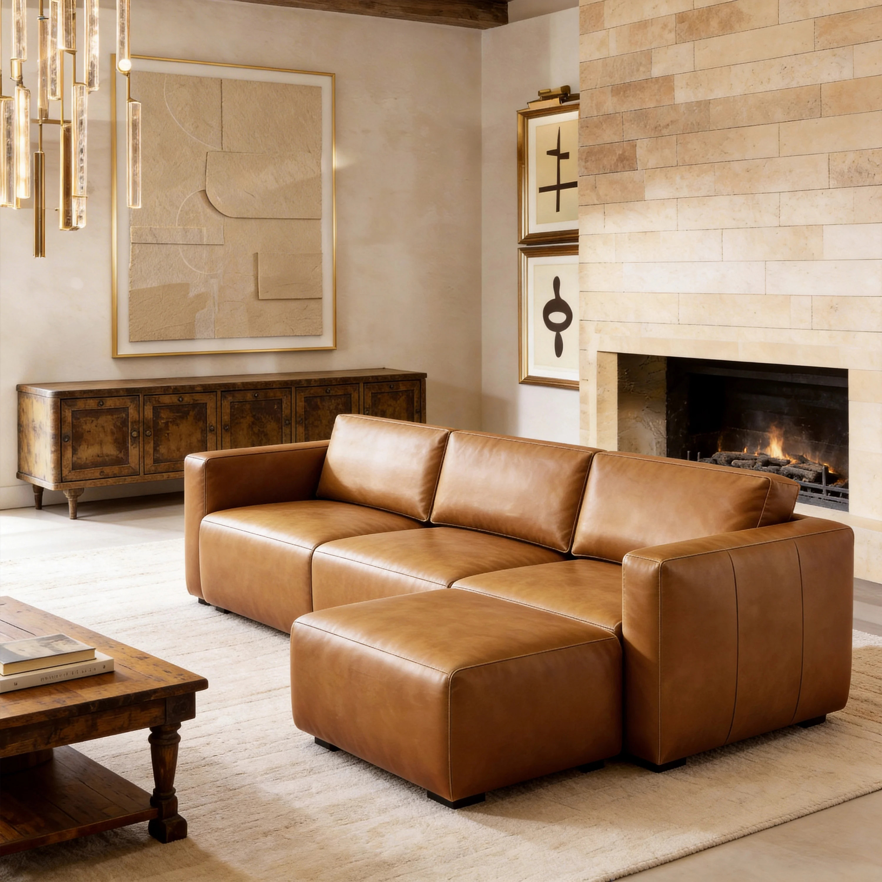 Torkom 90.74'' W 3-seater Modern Modular Full Grain Leather Sofa And Ottoman Set | Joss & Main