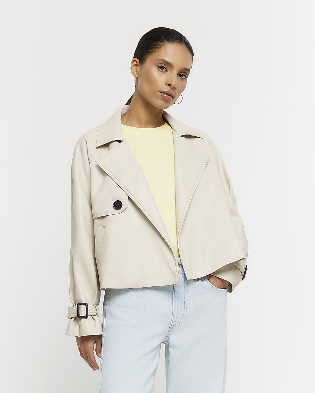 Petite Cream Faux Leather Trench Coat | River Island (UK & IE)