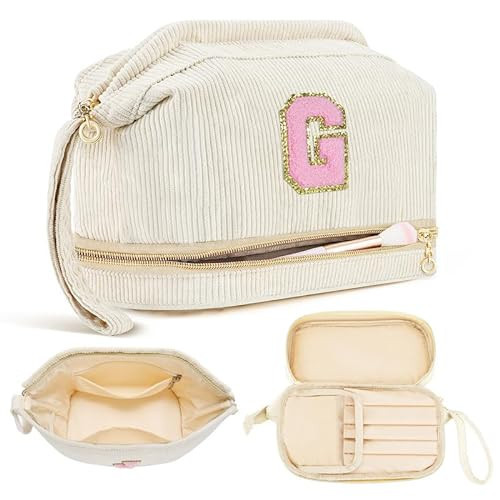 Initial Travel Makeup Bag for Women, Personalized Gift Large Double Layer Make Up Gift Cute Cosmetic Bag for Girl Makeup Pouch Wide-open Roomy Makeup Travel Bags Birthday Gifts for Her Beige - G | Amazon (US)