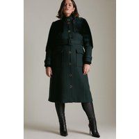 Karen Millen Plus Size Italian Wool Shearling Mix Panel Coat -, Green | Karen Millen UK & IE