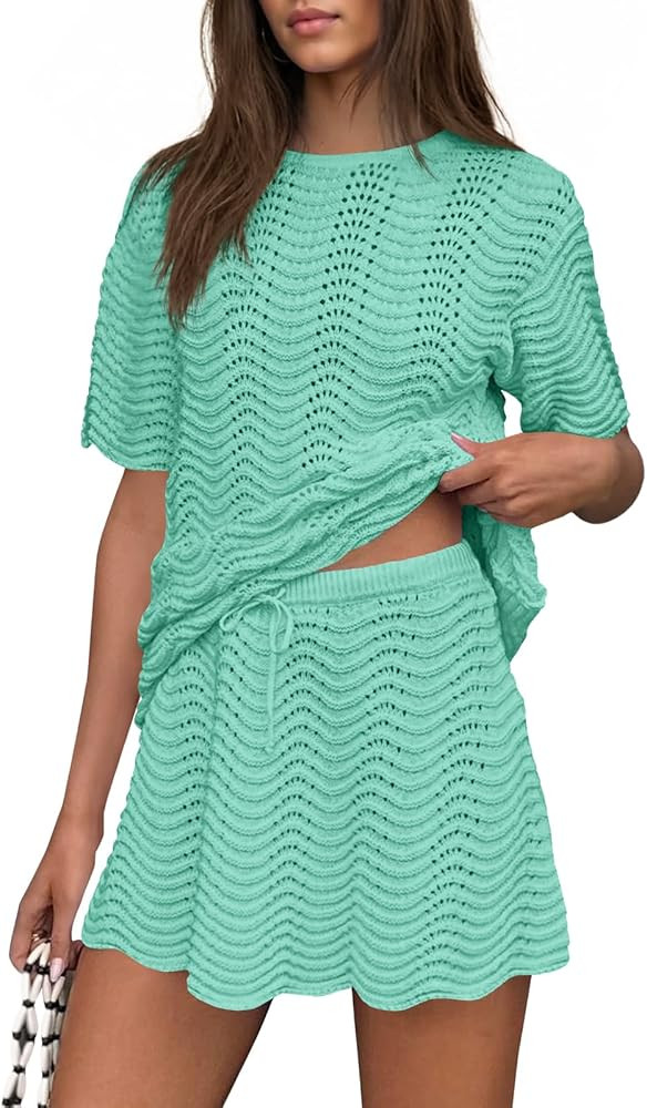 Fisoew Womens Crochet Swimsuit Coverup 2 Piece Skirt Sets Bathing Suit Cover Up Knit Beach Vacati... | Amazon (US)