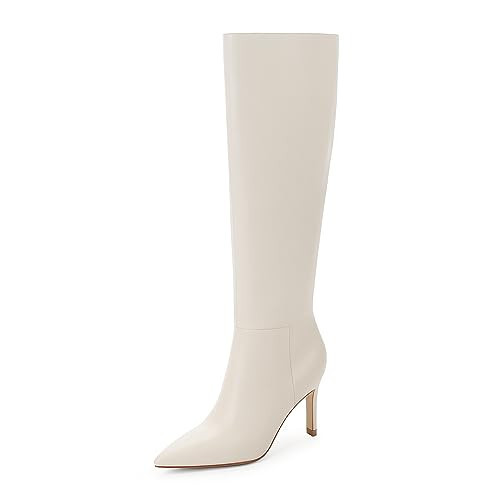 Easyfox White Knee High Boots for Women Pointed Toe Tall Boots Stiletto High Heel Long Fall Boots Size 8.5 | Amazon (US)