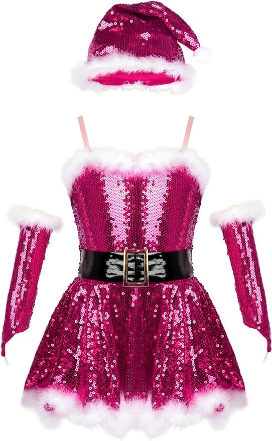 Agoky Girls Christmas Halloween Cosplay Party Santa Costume Outfit with Hat Sequins Figure Skatin... | Amazon (US)