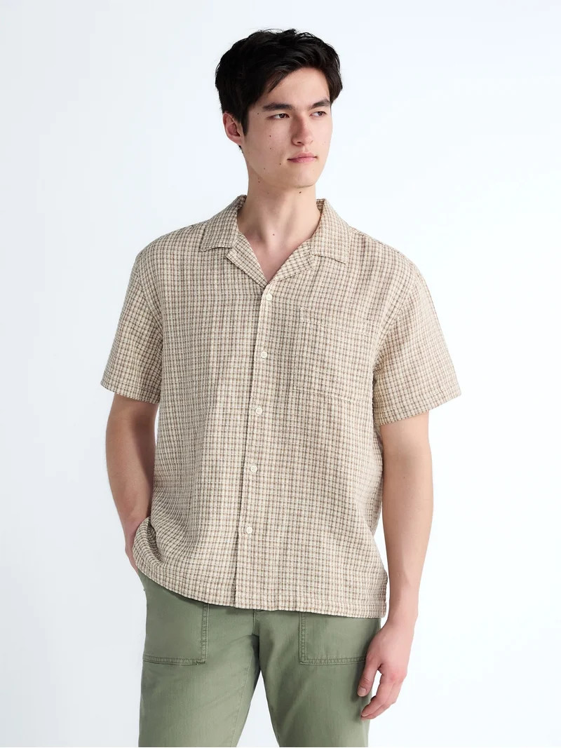 Free Assembly Men's Plaid Textured Cotton Camp Shirt with Short Sleeves, Sizes S-3XL - Walmart.co... | Walmart (US)