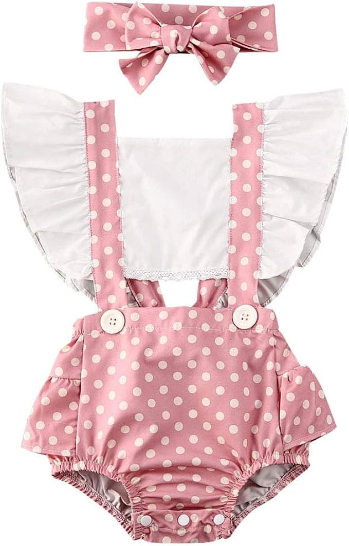 Infant Baby Girls Flying Sleeveless Ruffle Button Floral Romper Jumpsuit Outfits with Headband | Amazon (US)