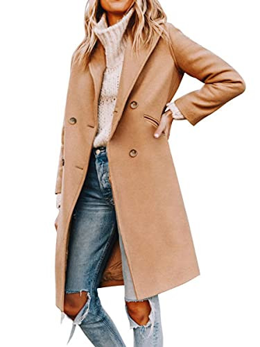 Yousify Pea Coats for Women Notched Lapel Double Breasted Wool Coats for Women Camel Long Winter Coats 2025 | Amazon (US)