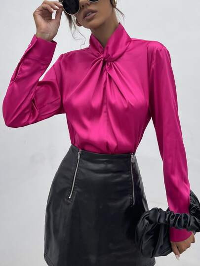 Keyhole Back Twist Neck Satin Blouse | SHEIN