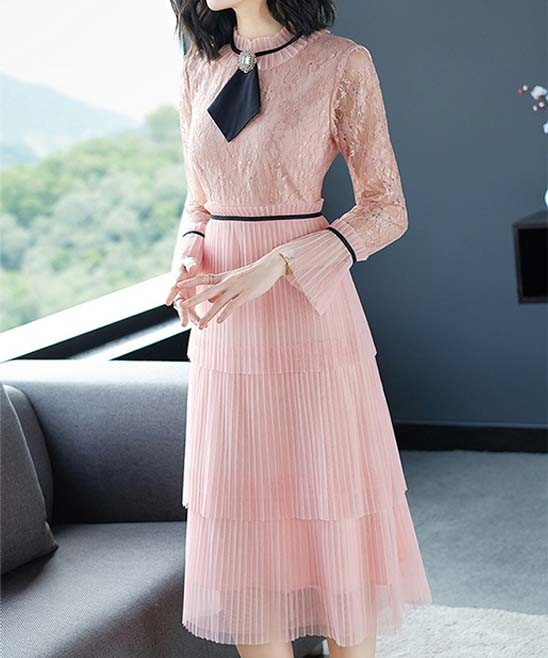 Vicky and Lucas Women's Casual Dresses PINK - Pink Lace Pleated Tiered-Skirt Midi Dress - Women | Zulily