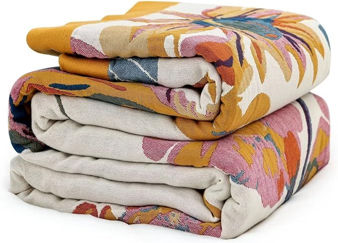 Boho Throw Blanket for Couch 100% Cotton Throw Blanket Floral Bed Blanket 80''x90'', Cotton Quilt... | Amazon (US)