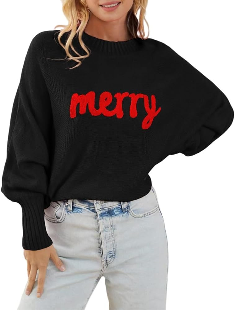TIXOM Merry Christmas Sweaters for Women Merry and Bright Graphic Long Batwing Sleeve Pullover Wi... | Amazon (US)