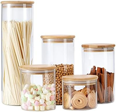 OPTVIT Glass Jars Food Storage Container with Bamboo Lids, 5 pack Kitchen Canister Set for Candy Ric | Amazon (US)