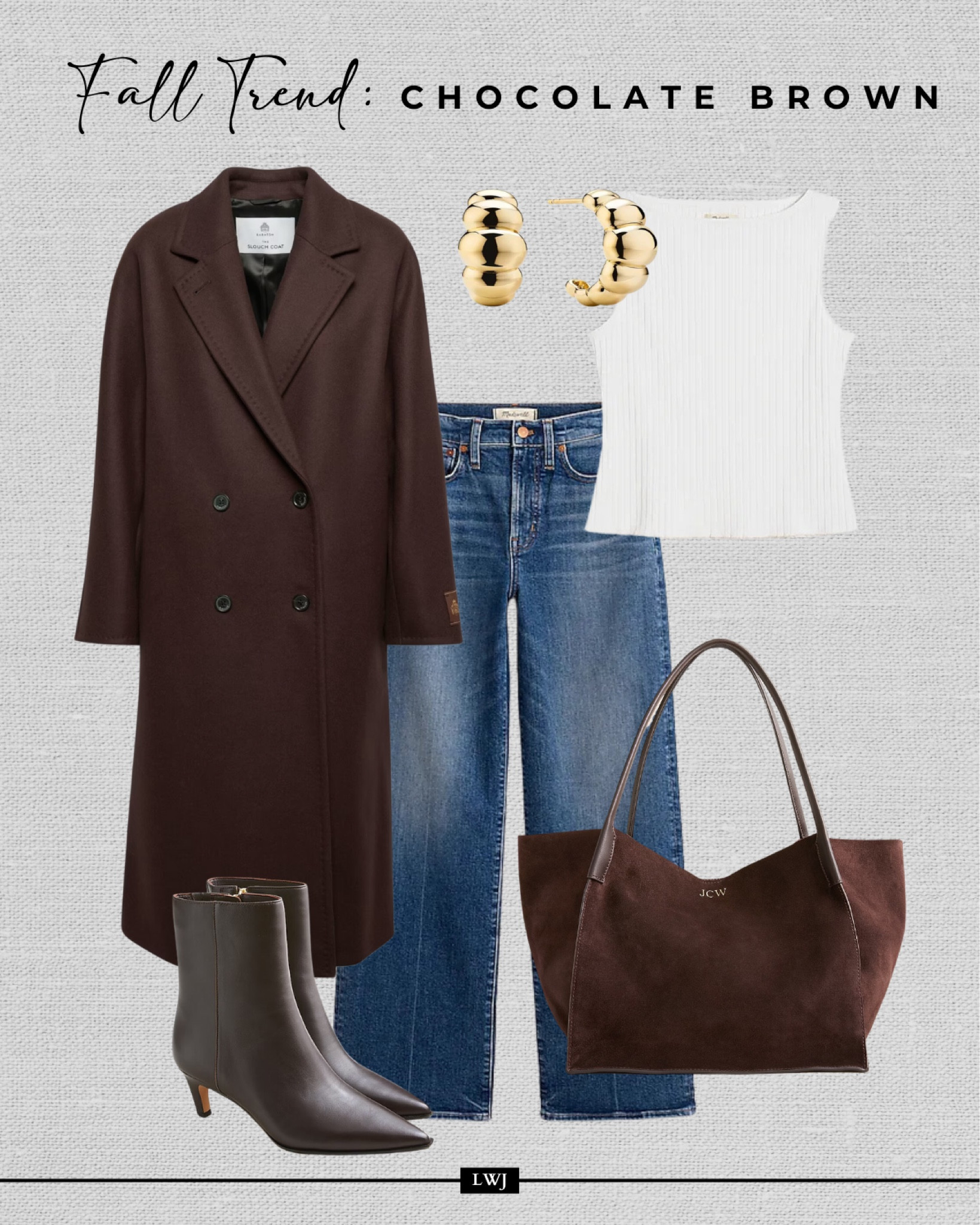 Fall trends: styling chocolate brown outfits for the fall 

Brown wool coat / long coat / white boatneck top / dark blue wash wide leg jeans / leather booties / suede tote bag / gold earrings 

#LTKStyleTip #LTKSeasonal